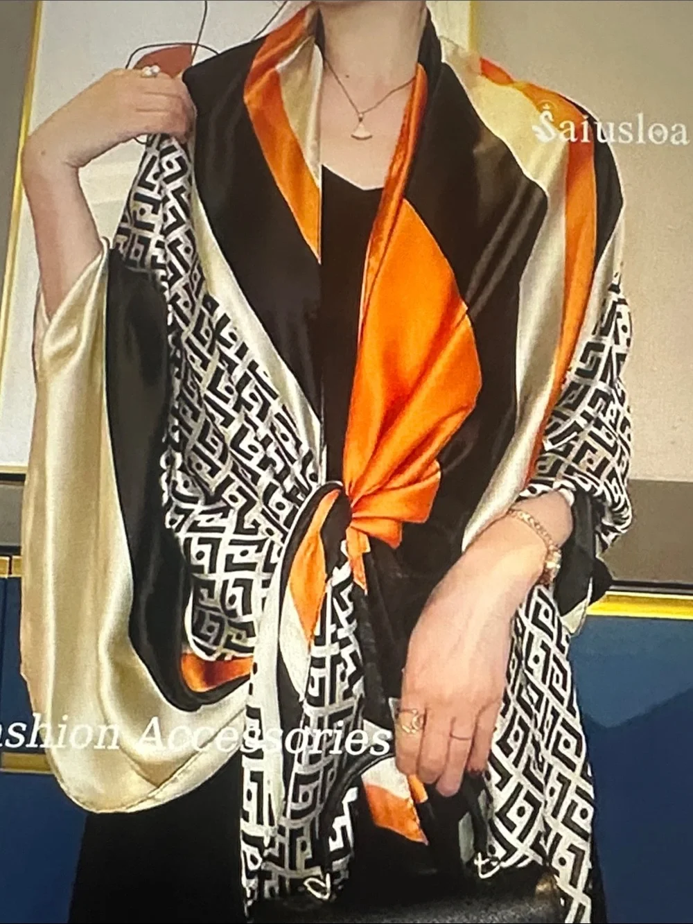 Silk Geometric & Stripe Scarf in Black, Cream & Orange